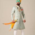 Handmade Sky Blue Gold Maharaja Style Brocade Silk Sherwani | Jaipurio